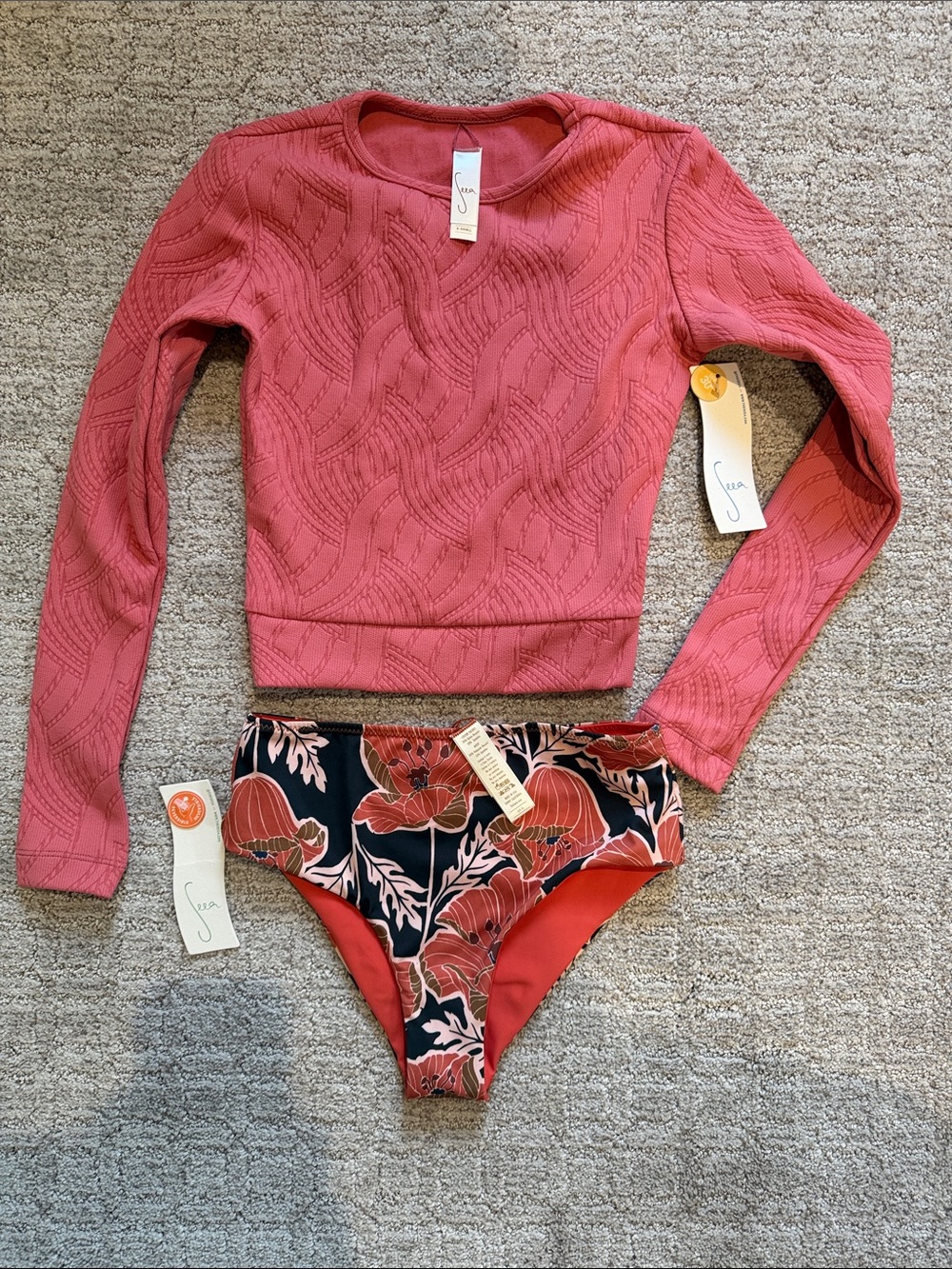 NWT Seea Palomar Rash Guard & Brasilia Bikini Bottoms - Rose, Black, Coral XS